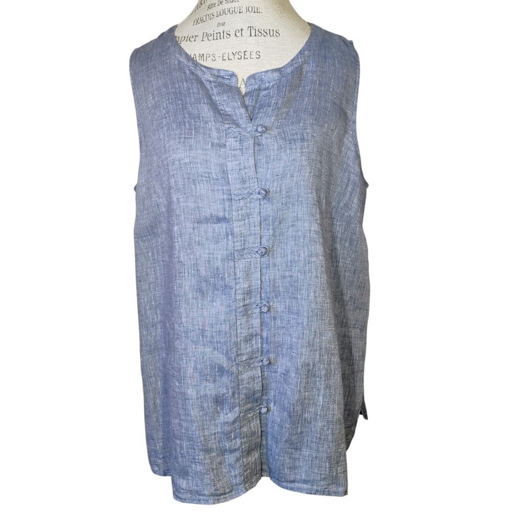 J Jill Love Linen Tank Top Womens Large Blue Mandarin Button Down‎ Minimalist